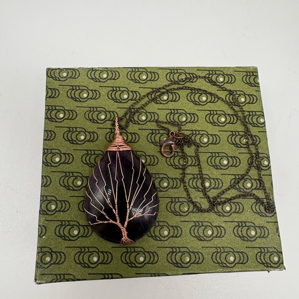 Purple Amethyst like stone wire wrapped with tree of Life Pendant Necklace